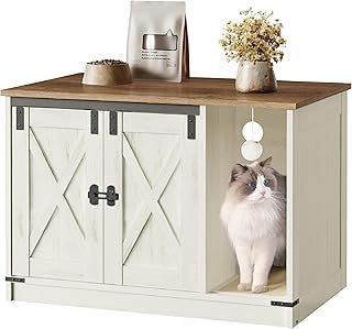 Hzuaneri Cat Litter Box Enclosure, Hidden Litter Box Cabinet Furniture with Cat Bell, Indoor Cats House, Farmhouse Style, 80 x 50 x 53 cm, for Hallway, Bedroom, Rustic Brown and White CB82414X