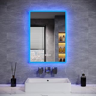 ELEGANT Backlit Bluetooth Bathroom Mirrors with Shaver Socket, 500 x 700 mm Illuminated Wall Mounted Bathroom Vanity Mirror with LED Lights and Demister Pad, Blue Atmosphere Light LED Smart Mirrors