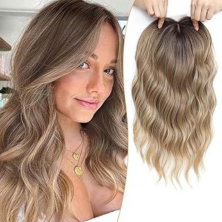 MORICHY 16Inch Wavy Curly Fringe Clip in Hair Topper - Add Hair Volume, Synthetic Wiglets - Brown Blonde with Dark Root