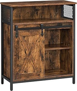 VASAGLE Storage Cabinet, Sideboard, with Sliding Barn Door, Open Compartment, Adjustable Shelf, Industrial Style, for Entryway, Living Room, Kitchen, Office, Rustic Brown and Black LSC089B01