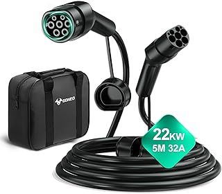 Type 2 Charging Cable, 22KW 32A 5M 3 Phase Mode 3 EV Charging Cable, Type 2 to Type 2 Fast Charging for Electric Vehicle Car Plug-in Hybrid for Model S/X/Y/3,i3,Kuga, Ionic, ZS, Kona