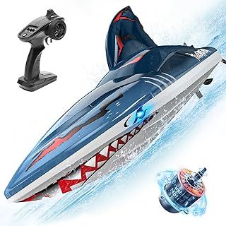 Fast Brushless RC Shark Boat for Adults, 30+MPH 3S High Speed Remote Control Speed Boat with LED Lights, Summer Toy Gift for Kids