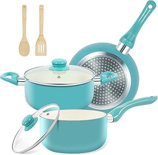 Non Stick Pots and Pans Set, 7 Piece Induction Hob Pan Set, Ceramic Cookware Set with Frying Pan, Saucepan Set, PFOA Free, Turquoise