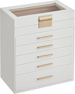 SONGMICS Jewellery Box with Glass Lid, 6-Tier Jewellery Organiser, 5 Drawers, for Sunglasses, Big Jewellery, Jewellery Storage, Modern Style, Cloud White and Gold Colour JBC171W01