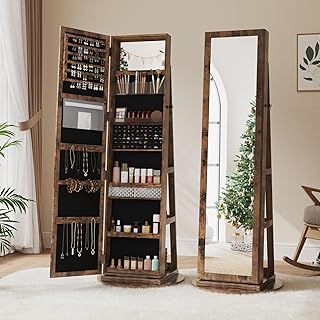 Dripex Rustic Brown Jewelry Organiser Mirror Wardrobe, 360° Swivel Jewelry Storage, Lockable, 3 in 1 Free Standing Mirror with Storage Shelves