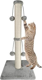 Dimaka 74cm Tall Cat Scratching Post, Scratch Post for Large Cats with 4 Teasing Hanging Ball, Natural Sisal Rope (Vertial Tree)