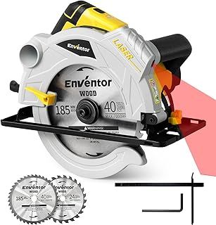 Enventor Circular Saw, 1500W 5500RPM Electric Circular Saws with Laser Guide, Max Cutting Depth 65mm (90°), 43mm (45°), 2 Saw Blades(185mm, 24T+ 40T), Pure Copper Motor, Ideal for Wood Cutting Corded