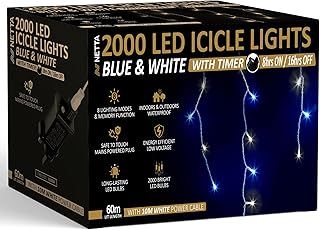 Netta Icicle Lights Outdoor Christmas 2000 LED 60m Lit Length, LED Icicle Fairy House Lights with 8 Hours On Timer, Memory, 8 Lighting Modes, Mains Powered – 2000 LED, Blue & Cool White