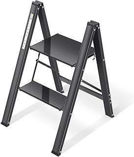 KINGRACK Aluminium 2 Step Ladder with Wide Steps, Lightweight Folding Ladder, Portable Slim Step Stool, Safety Household Ladder Stepladder with Multi-function, Black