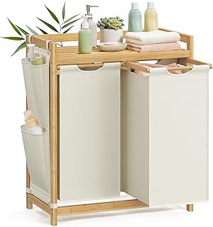 SONGMICS Laundry Basket with 2 Compartments, Laundry Hamper, Holds up to 100 L, Laundry Sorter, with Shelf, Laundry Bag, Side Pockets, 2 x 50 L, 63 x 33 x 78 cm, Cream White RLH100W01