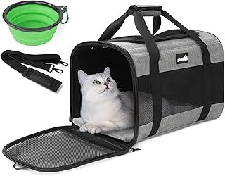 pecute® Pet Carrier Bag, Cat Carrier Handbag, Portable Dog Travel Bag with Foldable Bowl, Breathable Mesh Fabric, Suitable for Both Long And Short Trips, Used for Cats and Puppies Under 5KG (M,Grey)