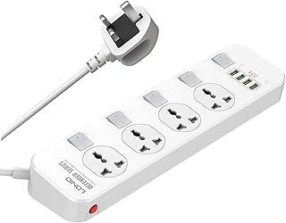 Extension Lead | Extension Lead with Usb Slots | 4 Universal Sockets | Surge Protector | 4 Quick USB (5V 3.4A 17W) | Independent Switch | 6.5ft Power Cord | Child Safe Door