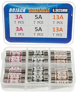 BOJACK 3 Values 42 pcs 3 5 13 A amp 240 V Volt Household Mains Plug Fuse 6.3x25 mm 0.25x1Inch BS1362 Ceramic Tube Cartridge Fuses Assortment Kit packag in a Clear Plastic Box