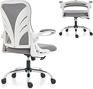 Ergonomic Office Chair with Foldable Backrest, Computer Desk Chair with Flip-up Armrests, Mesh Lumbar Support and Tilt Function Big and Tall Office Chair, White