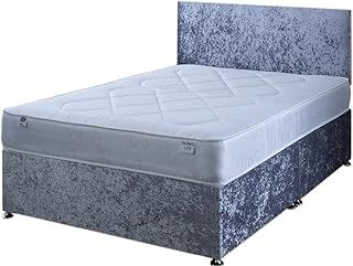4FT Small Double Silver Crushed Velvet Divan Bed Set Including Deep Quilt Mattress And Headboard