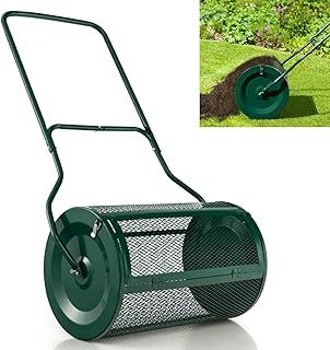 27’’ Compost Spreader, Peat Moss Seeding Manure Fertiliser Garden Spreader Roller with U-shaped Handle & Side Clasps, Heavy Duty Metal Mesh Basket Top Dresser Lawn Spreader, 76L (Green)