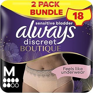 Always Discreet Boutique Incontinence Pants Women, Medium, Plus, 18 High Absorbency Pants (9 x 2 Packs), Odour Neutraliser, Softness and Protection, For Sensitive Bladder