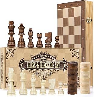 Peradix Chess and Draughts Board Game 2 in 1 Set | 38x38cm Magnetic Foldable Wooden Chess Board | 2 Extral Queen | Handmade Chess Toys Gift for Kids and Adult