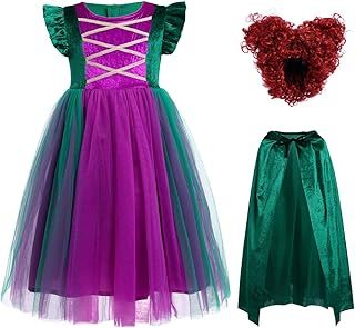 Sanderson Sister Costume Kids Girls Sarah Mary Winifred Dress with Cape Wig Outfit Cosplay Halloween Costume #Green 3PCS 4-5 Years