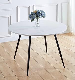 Hallowood Large Round Marble Dining Table, Black Metal Legs, 120 cm for Home, Cafe and Restaurants