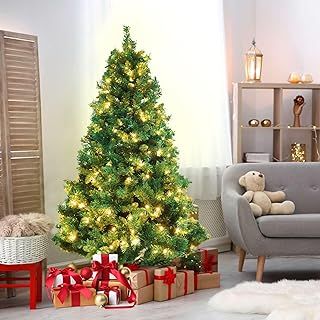 Olsen & Smith 6ft Pre Lit Christmas Tree - Pine Xmas Tree for Home Decor - Artificial Christmas Tree 6ft with 700 Branch Tips, 300 Warm White LED Lights and Metal Stand - Traditional Christmas Decor