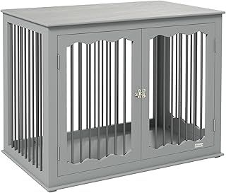 PawHut Dog Crate End Table with Three Doors, Furniture Style Dog Crate with Interchanged Side Door, for Large Dogs, Indoor Use w/Locks and Latches - Grey