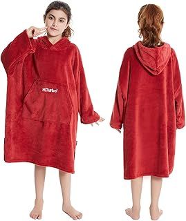 Hiturbo Kids Changing Robe,Hooded Towel Poncho Bath Robe,Wearable Blanket Swimming Bathrobe,Fleece Dressing Gown for Beach,Bathing,Surfing,Indoor & Outdoor Activities Red