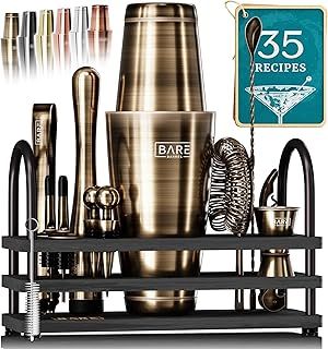 Cocktail Making Kit | 14-Piece Bartender Kit Cocktail Shaker Set Maker | Display Stand & 35 Recipe Cards | Mixology Cocktail Gift Set (800ml/28oz Boston Shaker, Brass/Black)