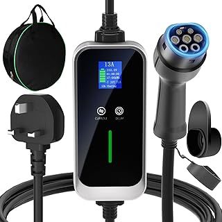 lvelfe EV Charger Type 2 to UK 3 Pin 6M, 6/8/10/13A, 12 Hours Delay Timer, IP67 Waterproof, 3.3kW Electric Car Charger with Controllable Digital Display, EV Cable Holder and Cable Bag
