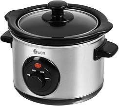Swan SF17010N 1.5 Litre Slow Cooker with 3 Heat Settings, Glass Lid, 120W, Stainless Steel, Silver