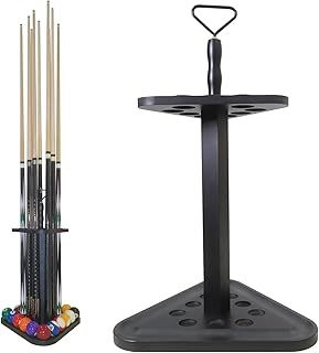 Pool Stick Holder - Billiards Cue Rack, Floor Stand Holds 9 Cues & Accessories, Wood Triangle Cue Rack