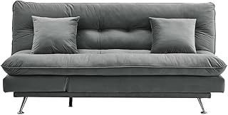 INMOZATA Pull Out Sofa Bed Linen Bed Settee 2 In 1 Sleeper Sofa Double Sofa Bed with 2 Bolster Pillows for Living Room Bedroom Home Office Furniture Dark Grey