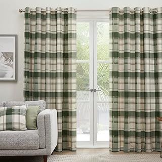 Fusion - Green Tartan Curtains W66 x L72" (168 x 183cm) - 100% Cotton - 2x Panels - Olive Green Checkered Curtains - Green Eyelet Curtains in Plaid - Dark Green Curtains for Living Room/Bedroom/Office