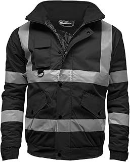 Stormway Mens Hi Vis High Visibility Viz Safety Security Reflective Protective Waterproof Two Tone Windproof Padded Workwear Bomber Jacket With Concealed Hood Orange, Yellow, Black and Contrast.