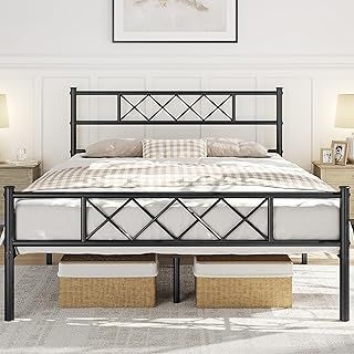 Yaheetech 5ft King Bed, Metal Bed Frame Mattress Foundation with Cross-design Headboard & Footboard, Slatted Bed Base for Teenagers/Adults, Black