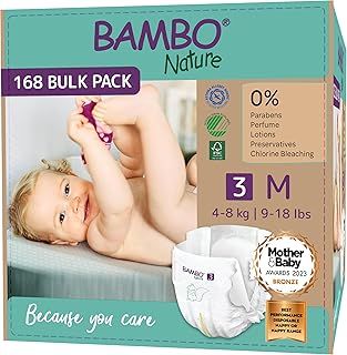 Bambo Nature Premium Eco Nappies, Size 3 (9-18lb/4-8kg), Midi, 168PK, Eco-Labelled, Enhanced Leakage Protection, Secure & Comfortable Baby Nappy