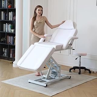Electric Beauty Bed with Stool 3 Section Adjustable Massage Table And Stool Massage Tattoo with Removable Armrests Headrest Salon Lash Bed for Spa Salon (White)