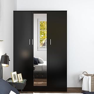 3 Doors Mirrored Wardrobe for Bedroom Bedroom Furniture Robe with 6 Storage Compartments, Hanging Rail, 115.4 x 50 x 180 cm (Black)