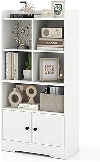 COSTWAY Wooden Bookcase, Freestanding Storage Bookshelf Cabinet with 4 Cubes, Open Shelves & 2 Doors, Display Rack Shelving Unit Cupboard for Living Room, Bedroom, Hallway and Office
