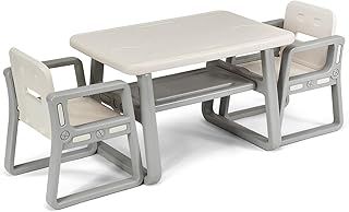 COSTWAY Kids Table and Chairs Set, Children Play Tables with Storage Rack, 3PCS Toddler Activity Furniture for Learning, Drawing, Dining (Beige)
