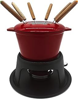 Andrew James Fondue Set for Cheese or Chocolate, Red Enamelled Cast Iron with 130mml Capacity and Gel Fuel Burner, Cast Iron Pot On Tripod with 22cm Base, Includes 8 Colour Coded Fondue Forks