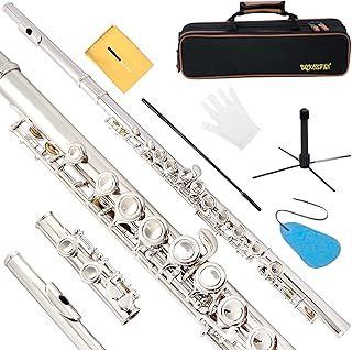 BQKOZFIN C Flutes Closed Hole 16 Keys Flute for Beginners Student Flute Instrument with Cleaning Kit, Stand, Carrying Case, Gloves, Tuning Rod, Nickel