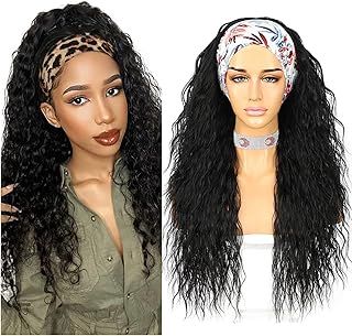 Sapphirewigs Curly Headband Wig Long Black Synthetic Hair Loose Water Wave Headband Wigs for Women Glueless 150% Density 26 inch