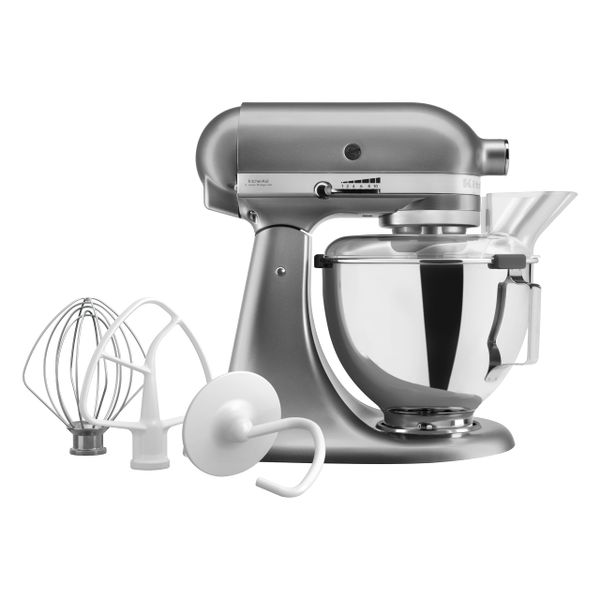 KitchenAid Tilt-Head Stand Mixer, 4.3L Stainless Steel Bowl, Full Metal Construction, Planetary Mixing Action, 10 Speeds, Pouring Shield, Whisk, Flat Beater & Dough Hook, Contour Silver