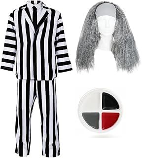 Adults Crazy Ghost Costume - Black and White Striped Suit, Black Tie, Grey Wig - Mens Halloween Fancy Dress Costume