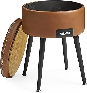 VASAGLE EKHO Collection - Storage Ottoman, Dressing Table Stool, Synthetic Leather with Stitching, Mid-Century Modern, Round Storage Stool Seat with Steel Legs, Loads 150 kg, Caramel Brown LOM005K51