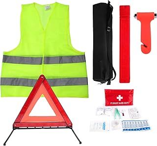 Car Emergency Kit, Warning Triangles for Cars, Roadside Assistance Tool Kit Car Breakdown Tool Set with Warning Triangle Visibility Vest First Aid Kit Safety Hammer for European France Driving Travel