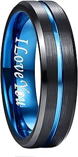 NUNCAD 4mm/6mm/8mm/10mm Men's Rings I Love You Wedding Band Black Blue Tungsten Carbide Ring for Men Women Two-Tone Simple Band with Groove Beveled Edges Comfort Fit Size J1/2-Z+5