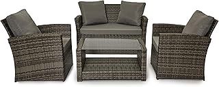 EVRE 4 Seater Rattan Garden Conservatory Patio Furniture Sofa Armchair Roma Set with Glass Top Coffee Table Wicker Weave Sofa and Cushions (Black)