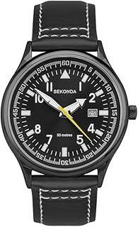 Sekonda Men's 42mm Pilot Style Quartz Watch with Analogue Display Date Window and Leather Strap 50m Water Resistant